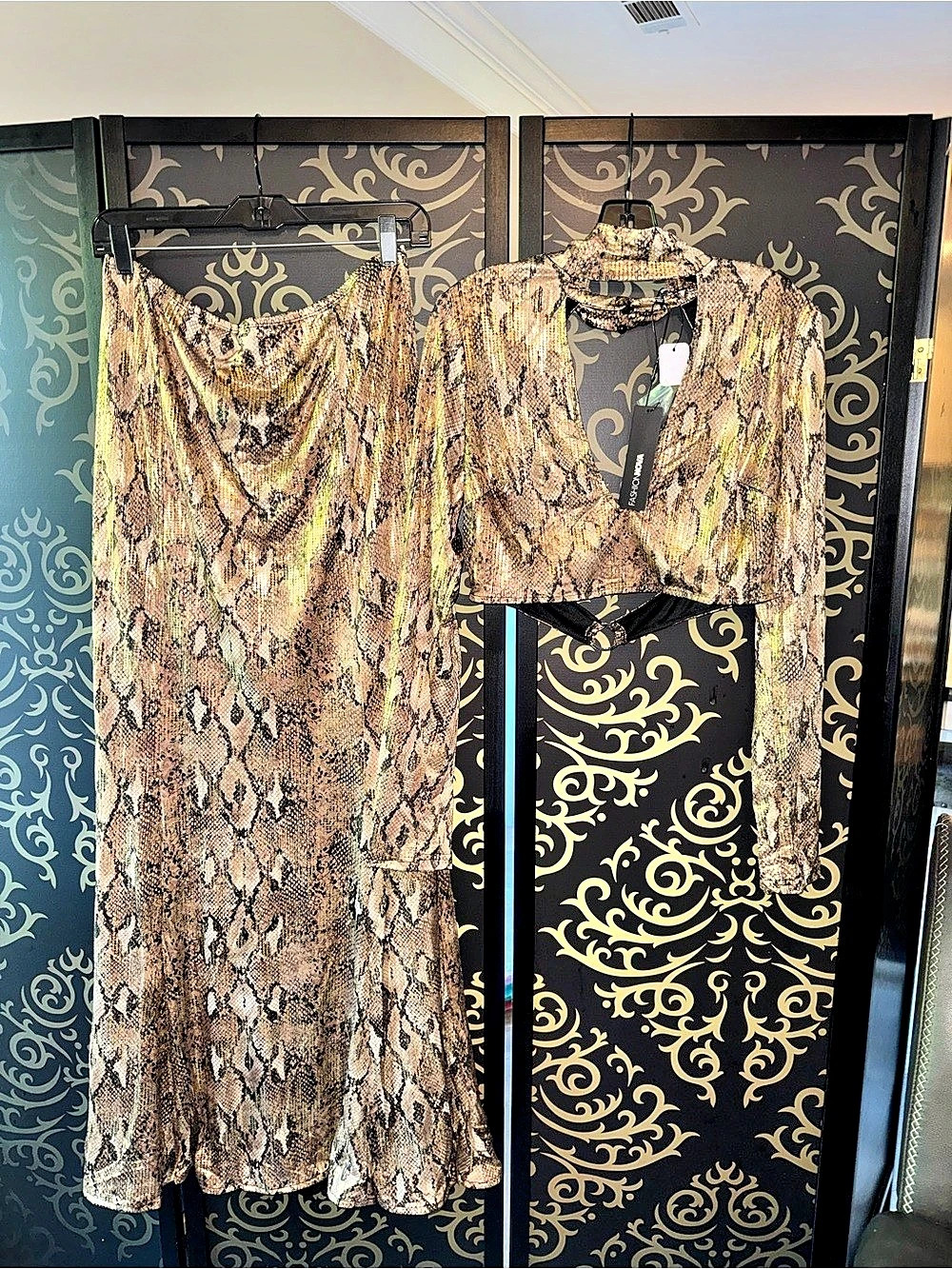 Fashion Nova Sierra Snake Print Shimmer Maxi Skirt Set Snake Print Maxi Skirt